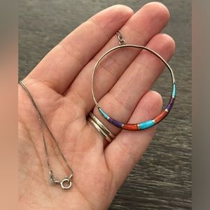 925 Native style circular necklace with earth stone inlay 925 silver necklace!